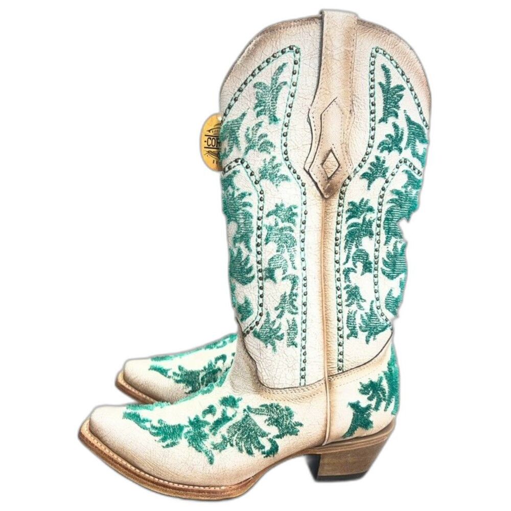 Corral Pull On Knee High White Green Crackled Bristle Western Boots Womens 8M - Picture 1 of 13